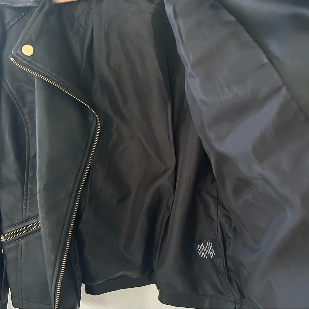 Women’s Moto Jacket Faux Black Leather Sz Medium Gold-Tone Zippers Bikercore